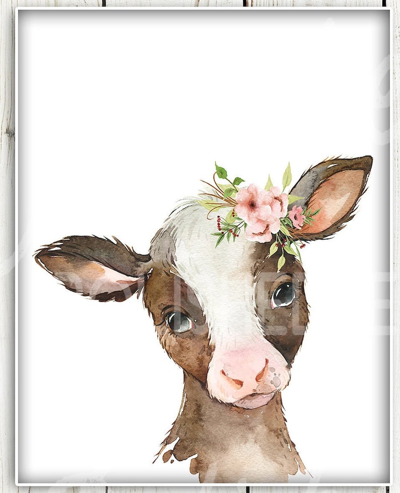 Blush Farm Animal Cow Set Printable Nursery Art Baby Girl Nursery Pink Flowers Boho Wall D\u00e9cor Bedroom Wall Art Cow Pig Duck