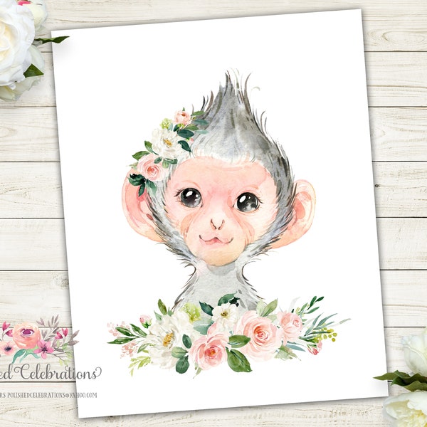 Watercolor Monkey Nursery Art / Printable Wall Decor / Baby Girl Nursery / Blush Pink Monkey / Safari Nursery Art / Jungle Nursery Decor