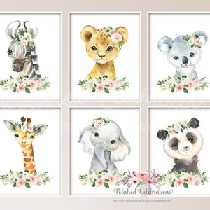 Set of 6 Safari Animal Nursery Prints / Printable Blush Safari Zoo Animals / Pink Flower Nursery Decor / Baby Girl Nursery Art / Watercolor