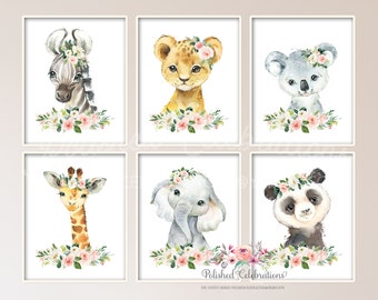 Set of 6 Safari Animal Nursery Prints / Printable Blush Safari Zoo Animals / Pink Flower Nursery Decor / Baby Girl Nursery Art / Watercolor