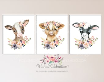 Navy Blush Farm Animal Cow Set / Printable Wall Art / Baby Girl Nursery / Pink Flowers / Boho Bedroom Wall Decor / Highland Cow / Dairy