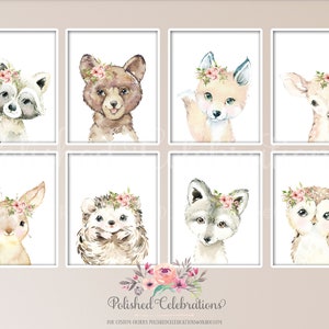 Blush Woodland Animal Set / Printable Nursery Art / Boho Nursery Decor / Baby Girl Wall Art / Girl Room Prints / Blush Pink Flowers