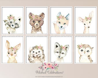 Blush Woodland Animal Set / Printable Nursery Art / Boho Nursery Decor / Baby Girl Wall Art / Girl Room Prints / Blush Pink Flowers