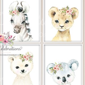 May include: Four watercolor illustrations of baby animals wearing flower crowns. The animals are a zebra, a lion, a polar bear, and a koala.