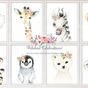 May include: Set of eight watercolor animal illustrations featuring a giraffe, zebra, lion, elephant, tiger, penguin, polar bear, and koala. Each animal is wearing a pink flower crown.