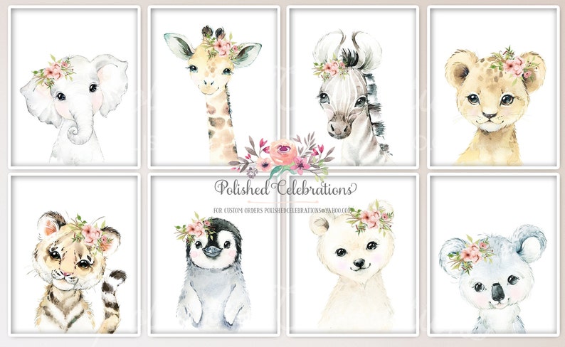 May include: Set of eight watercolor animal illustrations featuring a giraffe, zebra, lion, elephant, tiger, penguin, polar bear, and koala. Each animal is wearing a pink flower crown.