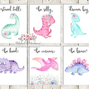 Boho Flower Dinosaur Nursery Art / Printable DIY Print Set / Dino Nursery Wall Art / Baby Girl Nursery / Girl Room Decor / Set of 6 Phrases