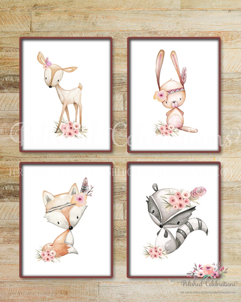 Boho Woodland Animals / Set of 4 Nursery Printable / DIY Prints Set / Baby Girl Nursery Décor / Blush Pink / Bohemian / Bedroom Wall Art image 6