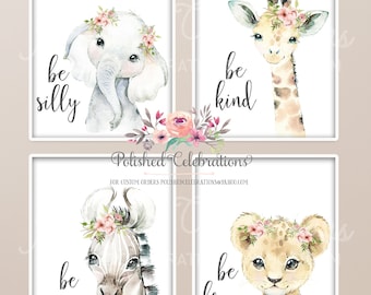 Blush Safari Animal Nursery Art / Printable Set of 4 Safari Nursery Prints / Zoo Animals / Pink Flower Nursery Décor / Baby Girl Nursery
