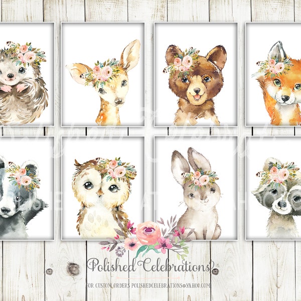 Blush Pink Woodland Animal Set / Printable Nursery Art / Boho Nursery Decor / Baby Girl Wall Art / Girl Room Prints / Tribal Feather Flowers