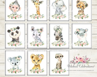 Blush Safari Animal Nursery Art / Printable set of 11 Safari Nursery Prints / Zoo Animals / Pink Flower Nursery Decor / Baby Girl Nursery