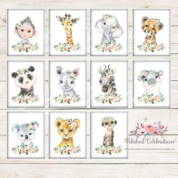 Blush Safari Animal Nursery Art / Conjunto imprimible de 11 impresiones de vivero Safari / Animales del zoológico / Decoración de vivero de flores rosas / Vivero de niñas