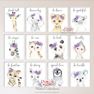 Purple Blush Safari Animal Nursery Art / Printable Nursery Set of 12 / Lavender Flower Nursery Décor / Baby Girl Nursery DIY Prints / Monkey
