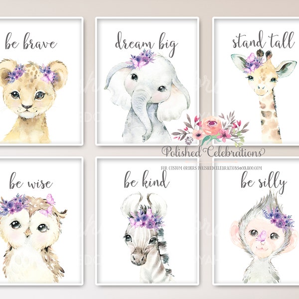 Lavender Butterfly Blush Safari Animal Art / Set of 6 Printable Safari Nursery Prints / Zoo / Lilac Purple Flower Decor / Baby Girl Nursery