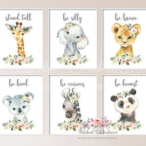 Set of 6 Safari Animal Nursery DIY Prints / Printable Blush Zoo Animals / Pink Flower Nursery Décor / Baby Girl Nursery Art / Watercolor