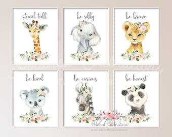 Set of 6 Safari Animal Nursery DIY Prints / Printable Blush Zoo Animals / Pink Flower Nursery Décor / Baby Girl Nursery Art / Watercolor