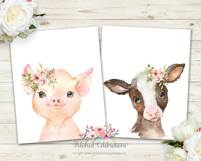 Blush Farm Animal Cow Set Printable Nursery Art Baby Girl Nursery Pink Flowers Boho Wall D\u00e9cor Bedroom Wall Art Cow Pig Duck