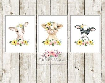 Sunflower Blush Farm Animal Cow Set / Printable Nursery Wall Art / Baby Girl Nursery / Pink Flowers / Boho Bedroom Wall Decor / Highland Cow