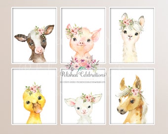 Boho Blush Farm Animals / Printable Nursery Art / Baby Girl Nursery / Blush Pink Flowers / Boho Farm Wall Decor / Bedroom Wall Art / Horse