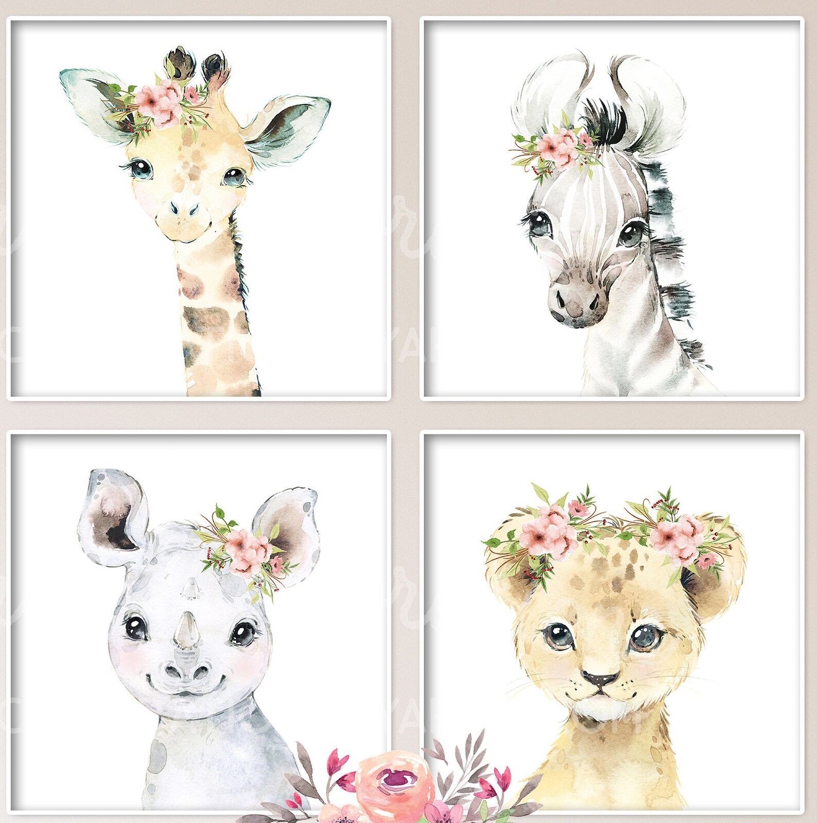 Blush Safari Animal Nursery Art / Printable Zoo Wall Art / Set Etsy