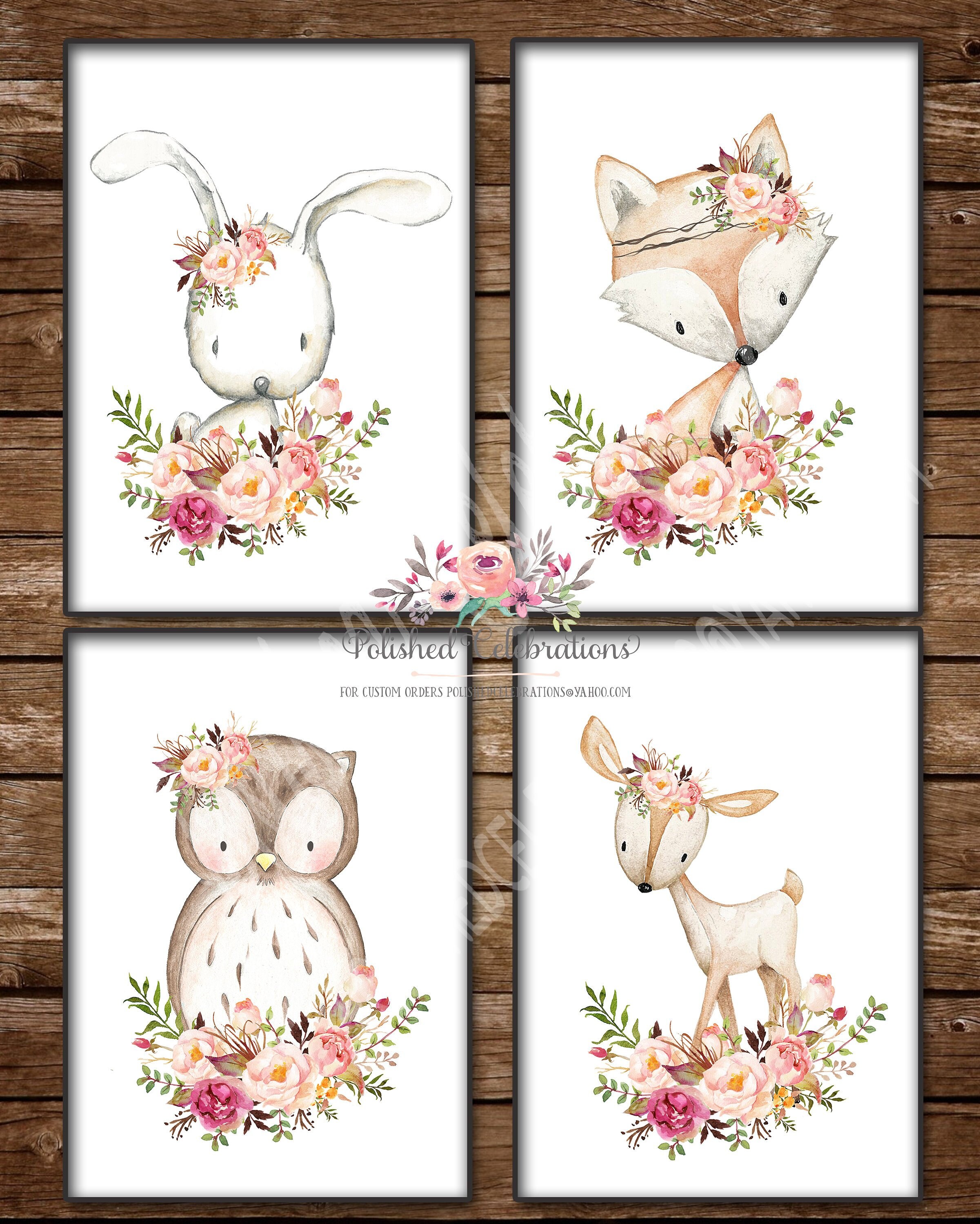 Boho Fox Nursery Wall Art Woodland Animals Print Floral Decor Baby Gift 602-A