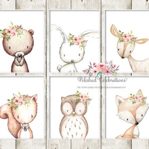 Blush Boho Woodland Animal Set / Printable Nursery Art / Baby Girl Nursery / Baby Shower Décor / Bohemian Bedroom Wall Art / Pink Flowers