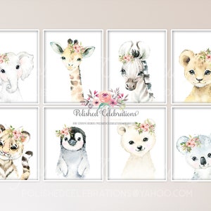 May include: Set of eight watercolor animal prints featuring a giraffe, zebra, lion, elephant, tiger, penguin, bear, and koala. Each animal is wearing a pink floral crown. The prints are perfect for a nursery or child's room.