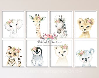 May include: Set of eight watercolor animal prints featuring a giraffe, zebra, lion, elephant, tiger, penguin, bear, and koala. Each animal is wearing a pink floral crown. The prints are perfect for a nursery or child's room.