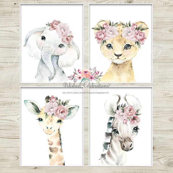 Dusty Pink Safari Animal Nursery Art / Printable Set of 4 Nursery DIY Prints / Zoo Animals / Blush Peonies Nursery Décor / Baby Girl Nursery
