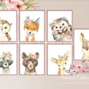 Blush Woodland Animal Set / Printable Nursery Art / Boho Nursery Decor / Baby Girl Wall Art / Girl Room DIY Prints / Blush Pink Flowers