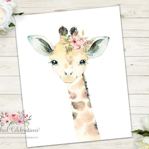 May include: A watercolor painting of a giraffe with a pink flower crown. The giraffe is looking directly at the viewer with a sweet expression. The background is white.