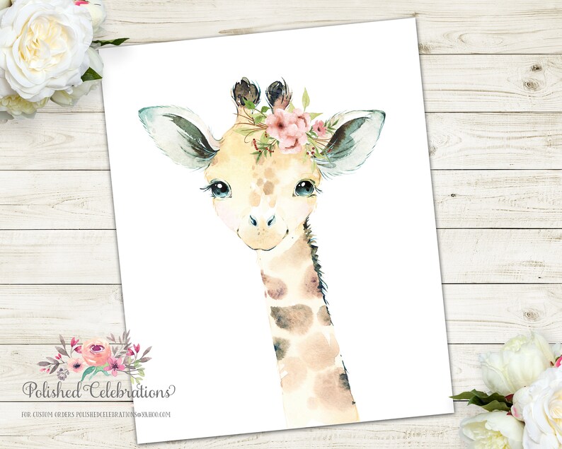 May include: A watercolor painting of a giraffe with a pink flower crown. The giraffe is looking directly at the viewer with a sweet expression. The background is white.