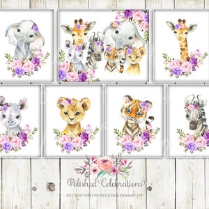 Purple Lilac Safari Animal Nursery Art / Printable Nursery Set of 7 / Lavender Flower Wall Décor / Baby Girl Nursery / DIY Prints / Giraffe