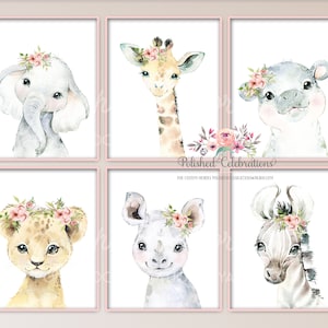 Arte de berçário de animais de safári Blush / Conjunto de 6 impressões de berçário de safári / Para impressão / Animais de zoológico / Decoração de berçário de flores rosa / Berçário de menina