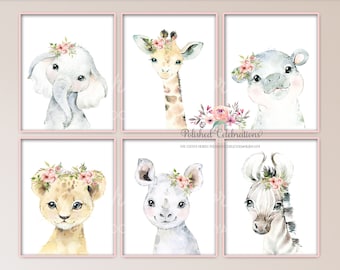 Blush Safari Animal Nursery Art / Set of 6 Safari Nursery Prints / Printable / Zoo Animals / Pink Flower Nursery Decor / Baby Girl Nursery