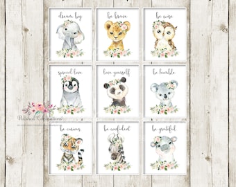Set of 9 Safari Animal Nursery DIY Prints / Printable Blush Zoo Animals / Pink Flower Nursery Décor / Baby Girl Nursery Art / Watercolor