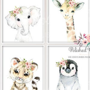 May include: Set of four watercolor animal illustrations with floral crowns. The animals are an elephant, giraffe, tiger, and penguin. Each animal is depicted in a simple, whimsical style with soft colors.