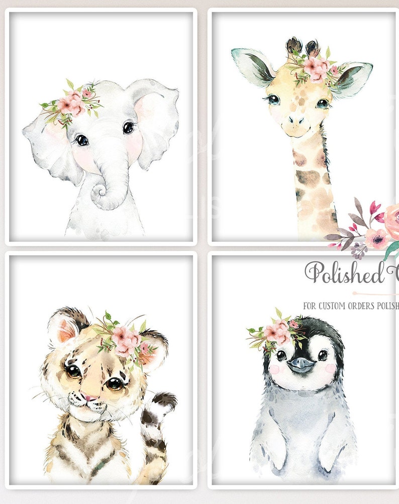 May include: Set of four watercolor animal illustrations with floral crowns. The animals are an elephant, giraffe, tiger, and penguin. Each animal is depicted in a simple, whimsical style with soft colors.