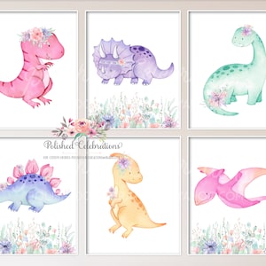 Arte infantil con dinosaurios y flores estilo bohemio / Juego de guardería imprimible / Arte de pared para guardería con dinosaurios / Guardería de niña / Decoración de habitación de niña / Juego de 6 impresiones DIY