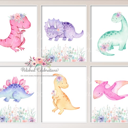 Dinosaur Prints Girl Dinosaur Wall Art Set of 6 Girl Dino - Etsy