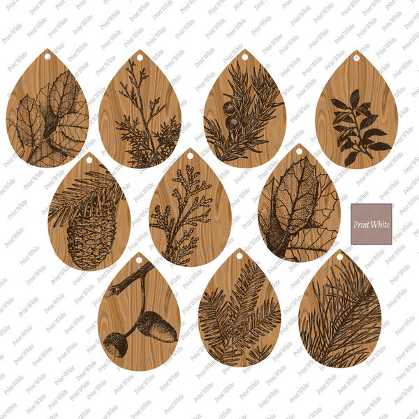 10 Botanical Leaves Floral Teardrop Earrings Svg - Glowforge Files - Laser Cut Earrings Template - Leather Earrings Engraving File Woodland