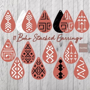 Boho Stacked Boucles d'oreilles SVG Bundle Boho Maroc Modèle aztèque Boucle d'oreille en cuir Silhouette Cricut Cut Files Pendentif DIY Laser Cut Digital