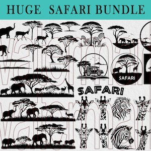 Pacote SVG de animais do Safari na selva | Girafa, elefante, rinoceronte | Árvore do Rei Leão SVG | Tripulação do zoológico e silhueta animal | Clipart Safari para artesanato