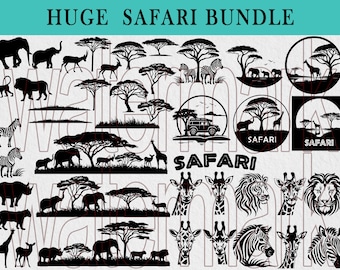 Jungle Safari Animals SVG Bundle | Giraffe, Elephant, Rhino | Lion King Tree SVG | Zoo Crew & Animal Silhouette | Safari Clipart for Crafts