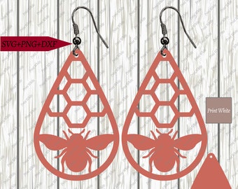 Bee Honeycomb Teardrop Earring Cut File: SVG DXF PNG (Digital File)