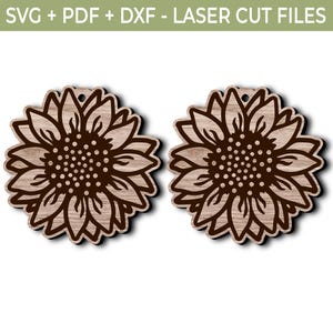 Sunflower Earrings SVG, Laser Cut Flower Earring File, Glowforge Cricut DXF Pdf Template, Wooden Statement Earrings