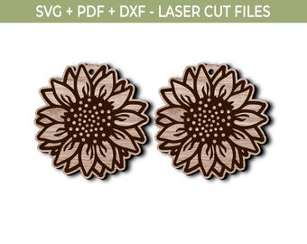 Sunflower Earrings SVG, Laser Cut Flower Earring File, Glowforge Cricut DXF Pdf Template, Wooden Statement Earrings