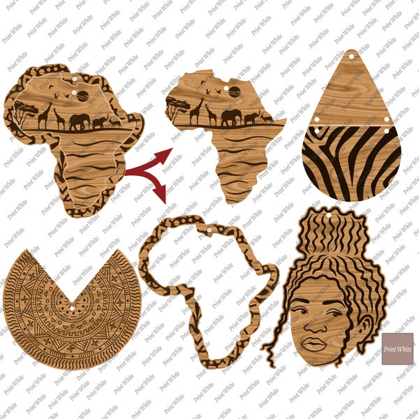 African Earrings SVG Bundle, Laser Cut Files, Statement Earrings, Engraved Wooden Earring Template, Cricut Cut File, Africa Map Earrings SVG