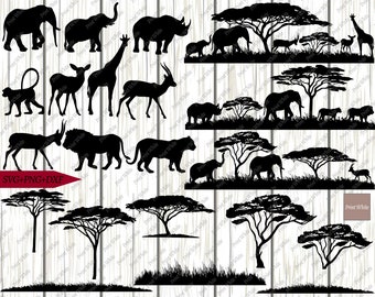Safari Animals Clipart: Lion, Elephant, Rhino, Giraffe (SVG, PNG, DXF)