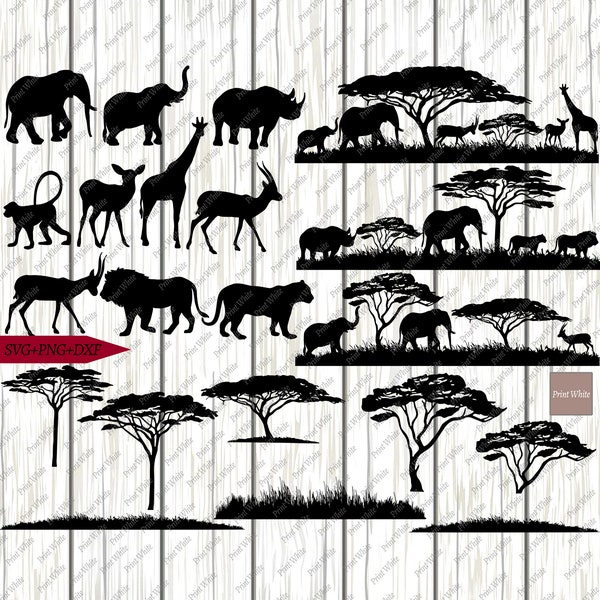 Safari animaux Clipart Svg Png Dxf Safari scène coupe fichier herbe Svg arbres coupe fichier Bundle Lion éléphant Gazelle singe rhinocéros girafe Svg